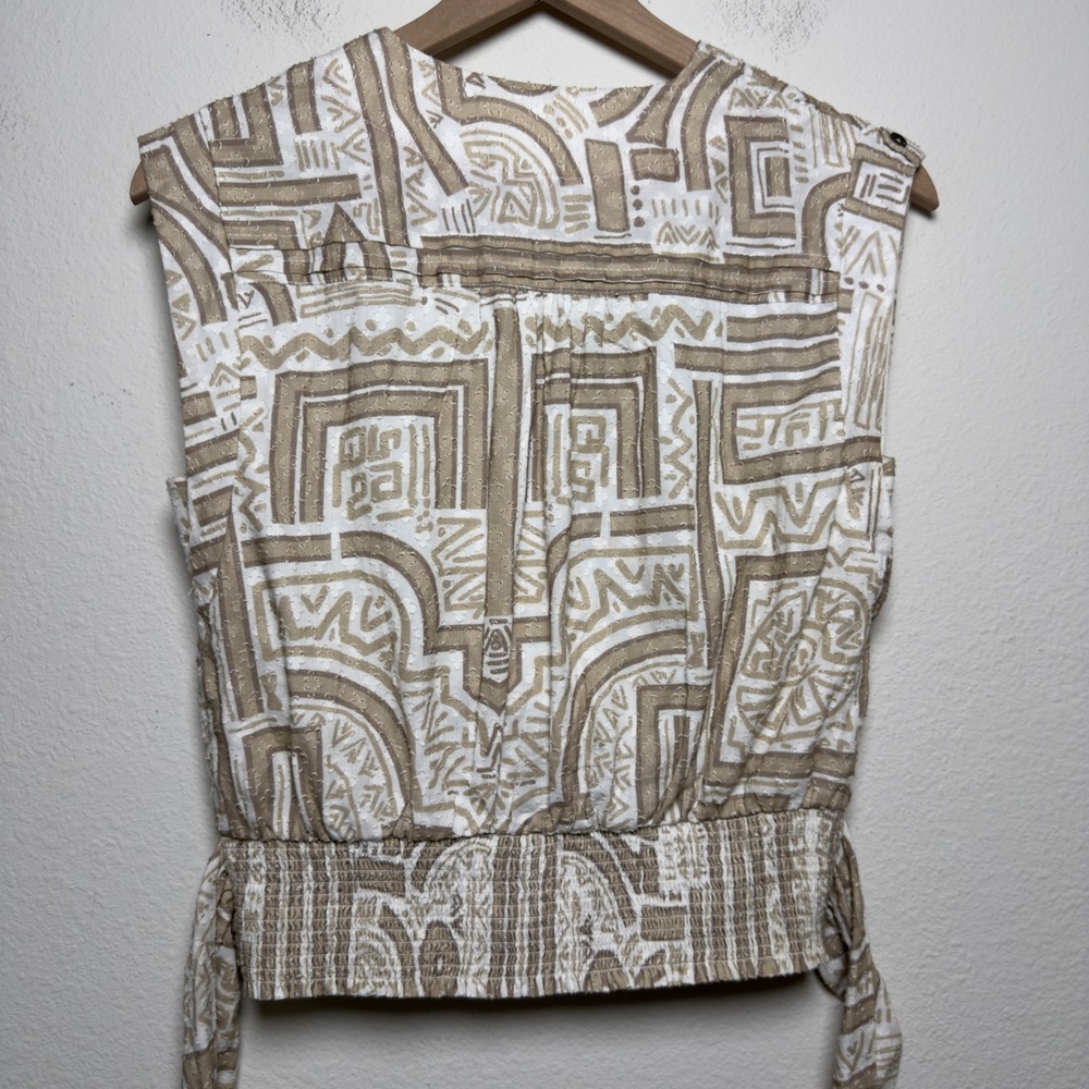 Anthropologie Women 100% Cotton Top XS Tan White Geometric Surplice Boho Western - Picture 11 of 11